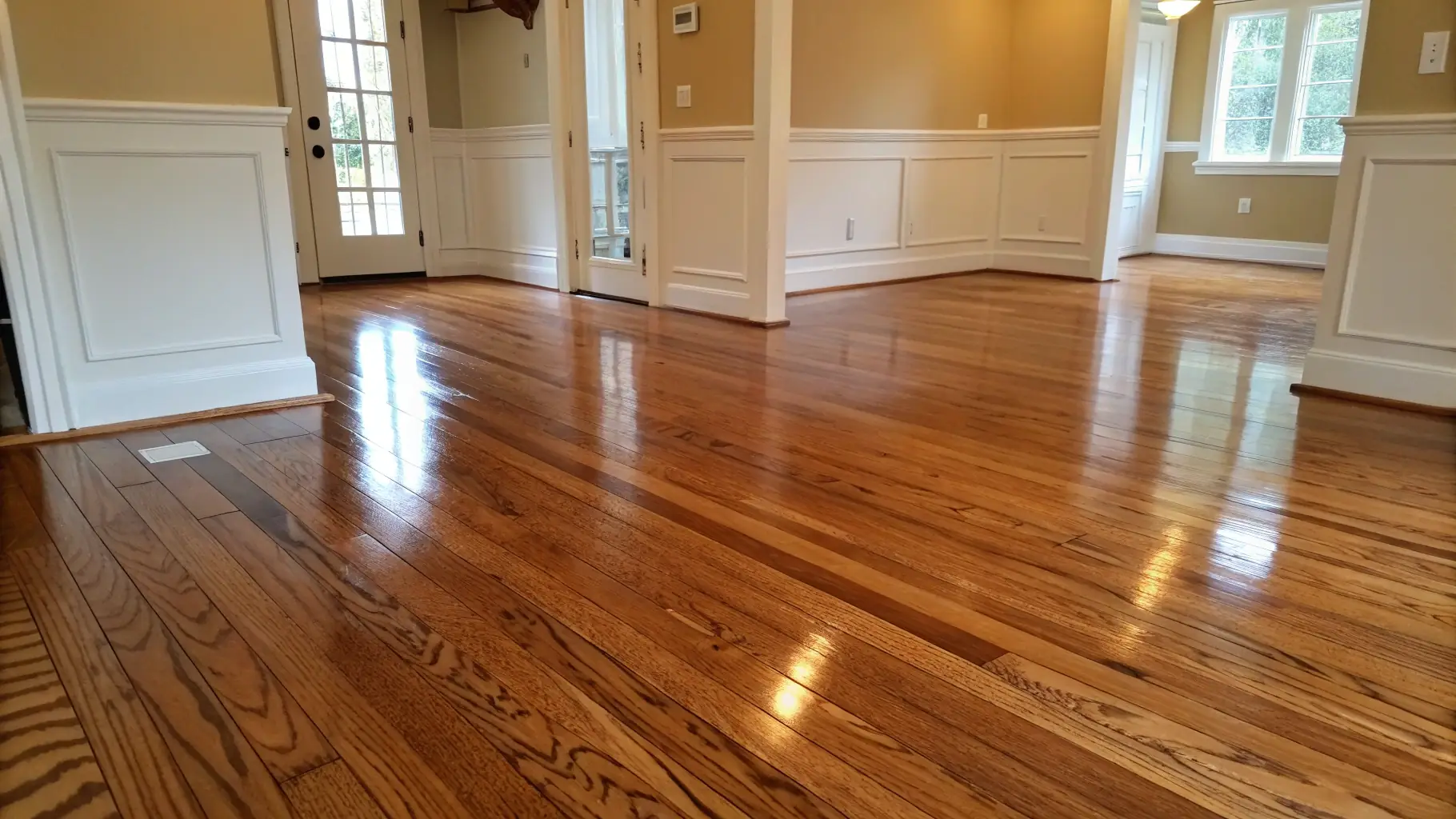 A close-up shot of a beautiful hardwood floor with visible wood grain, showcasing the natural texture and color variations.