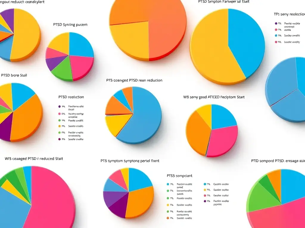 A set of vibrant, detailed pie charts depicting PTSD symptom reduction, with interactive elements for data editing.