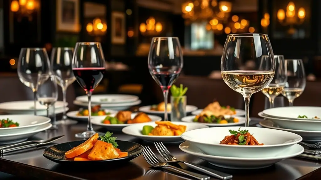 A beautifully set table with gourmet food and wine glasses, showcasing an elegant dining experience at Speyer Wine Bistro.