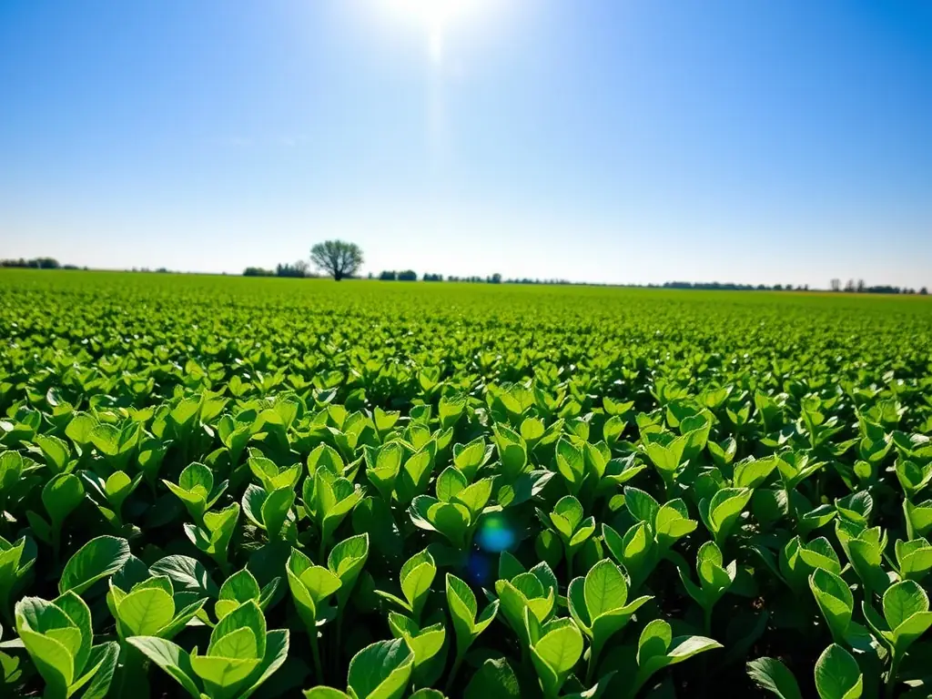 A lush green field with healthy crops, showcasing the revitalizing effects of EcoMinerals' Sea-Crop® fertilizer. The image should convey a sense of natural abundance and sustainable farming practices.