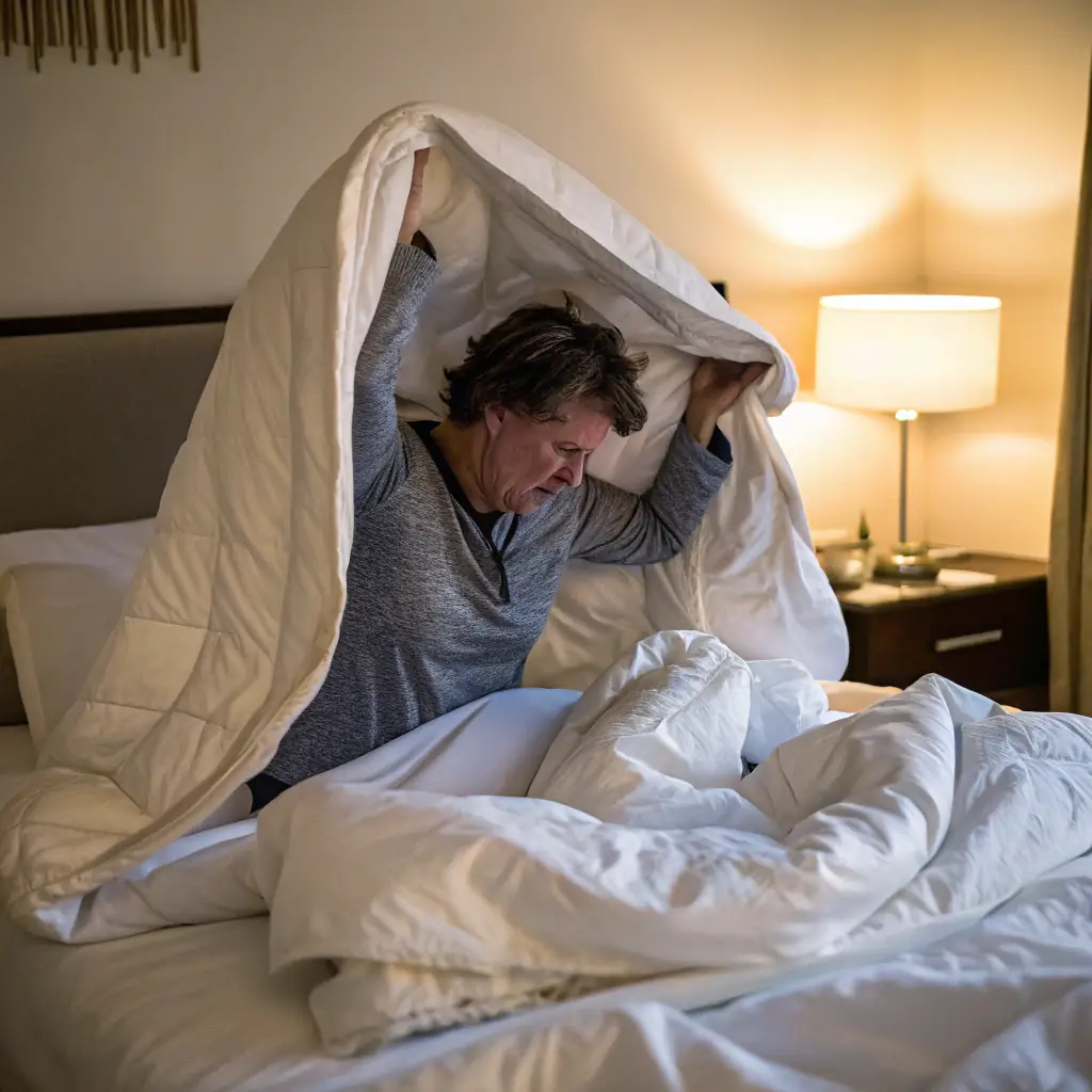An image representing a person sleeping restlessly next to a partner who is visibly disturbed by snoring, emphasizing the emotional and physical impact of snoring on both individuals.