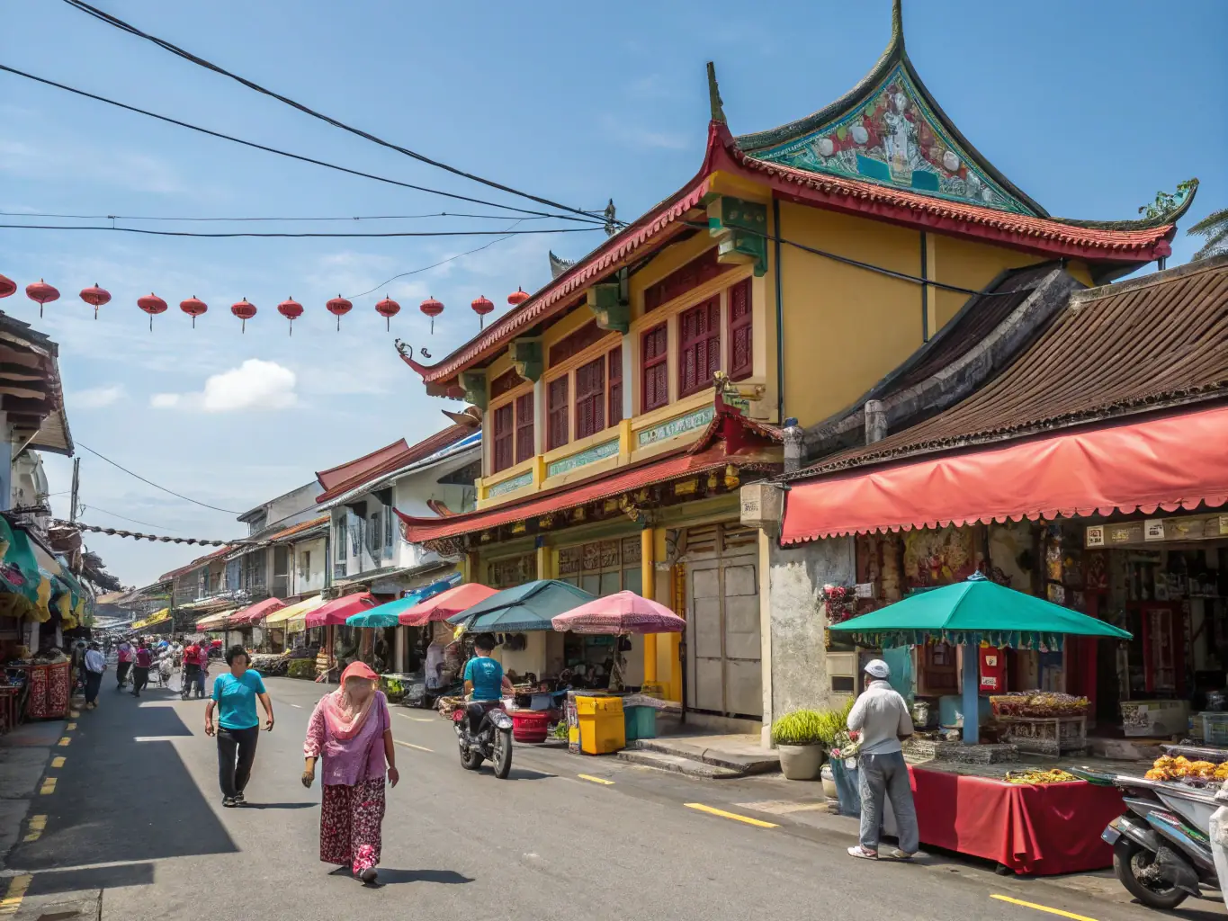 A vibrant street scene in Malaysia, showcasing local food vendors, traditional architecture, and people enjoying the atmosphere. The image captures the essence of Malaysian culture and lifestyle.