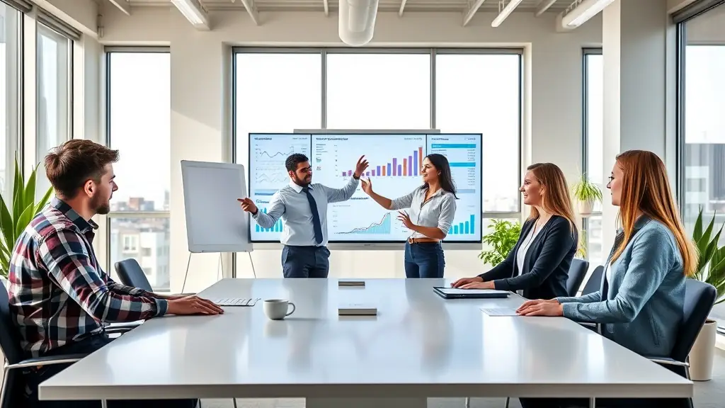 A professional digital marketing team analyzing PPC campaign data on multiple screens, emphasizing data-driven strategies.