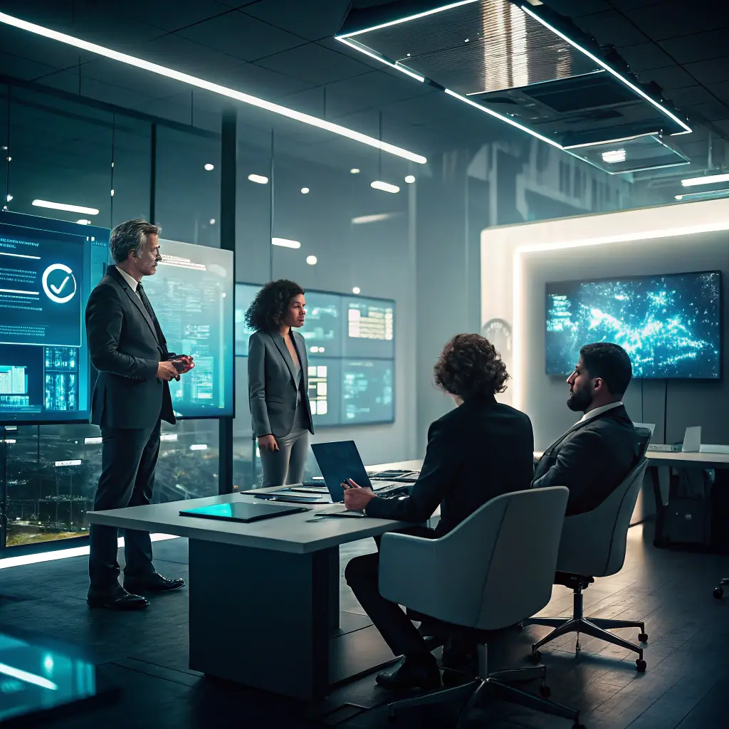 A futuristic rooftop meeting scene with a Meta blimp, an X-wing fighter parked nearby, and logos of Google, X, Yahoo, Bing, and LinkedIn. An R2 unit is present, along with a large, radiant Omegacube logo, an AI robot team, SEO gurus, and logos of Yext and Birdeye, symbolizing comprehensive digital marketing solutions.