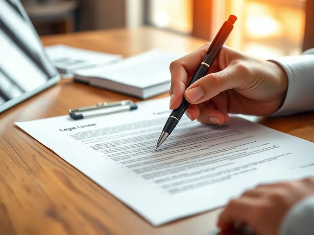 A close-up shot of a hand signing a promissory note with a pen, with a blurred background of legal documents and a professional office setting, symbolizing the formal agreement and legal process.