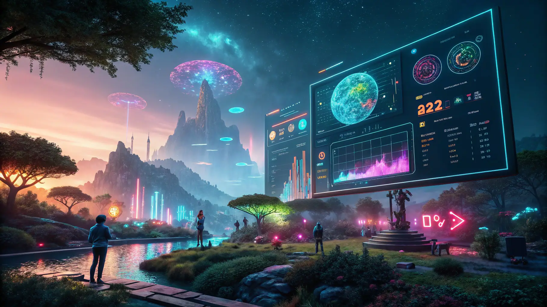 An abstract representation of AI-driven PPC advertising, showcasing data streams, algorithms, and targeted ads, symbolizing the integration of AI in digital marketing for OmegaQube Agency.