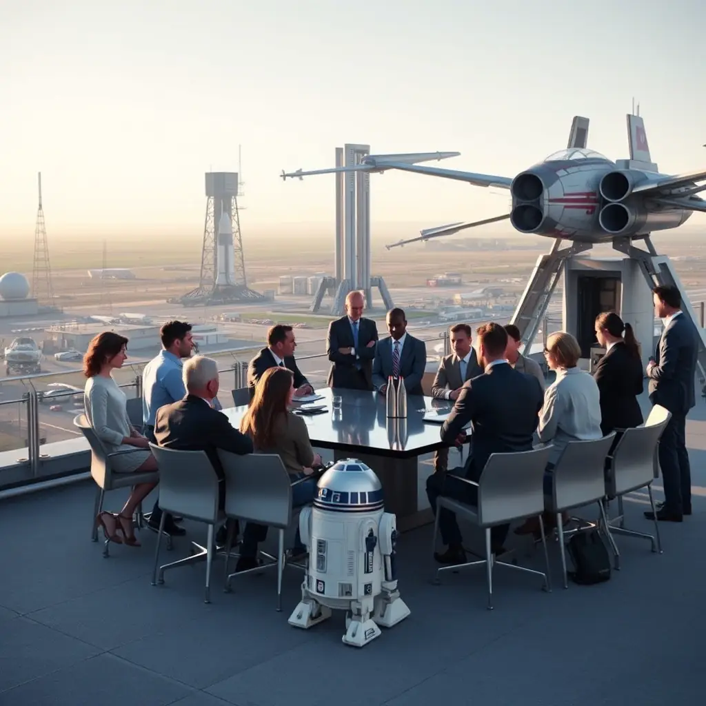 A rooftop meeting scene featuring digital marketing entities like Google, X, Yahoo, Bing, and LinkedIn representatives alongside AI robots and SEO gurus. An OmegaQube structure stands prominently with sun rays shining off it. A Meta blimp hovers above, and an X-wing fighter is parked nearby, symbolizing innovation and strategic partnerships in the digital marketing landscape.