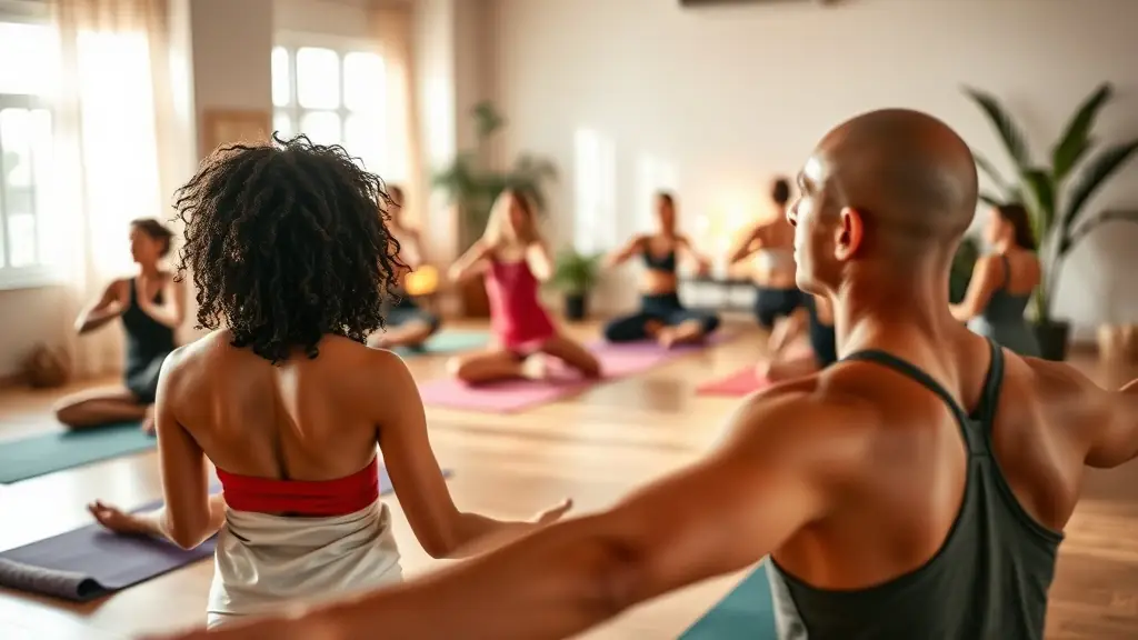 A serene yoga studio with diverse individuals practicing yoga poses in soft lighting.