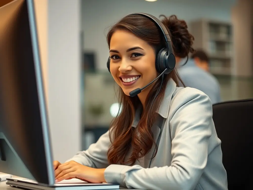 A visually appealing image featuring a customer service representative using a Copilot-enhanced CRM interface to provide personalized support, showcasing improved customer satisfaction and engagement.
