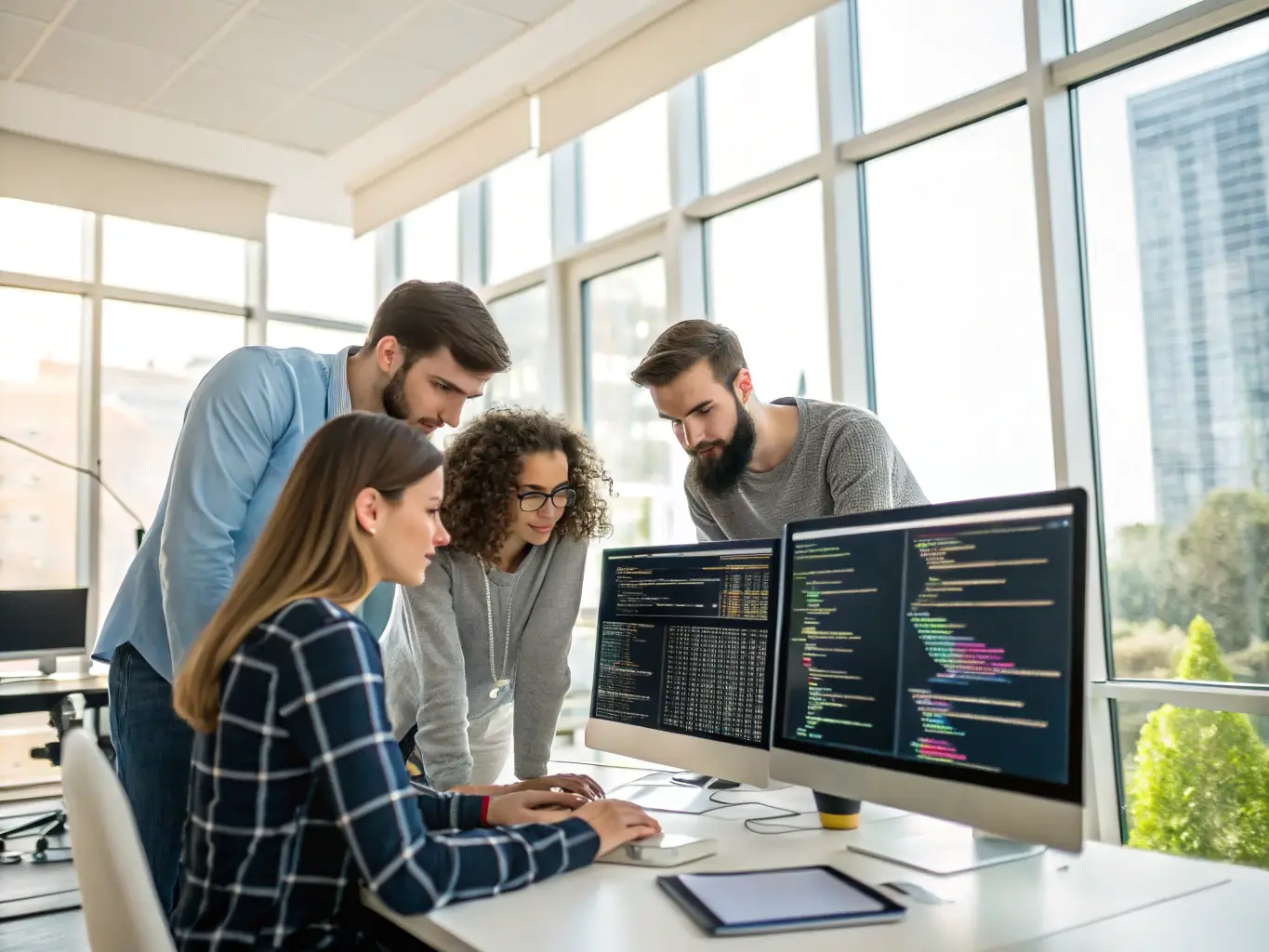 A dynamic image showcasing a diverse team of software developers collaborating around a large interactive screen displaying real-time CRM data and Copilot suggestions, set in a modern, brightly lit office environment, emphasizing teamwork and technological innovation.
