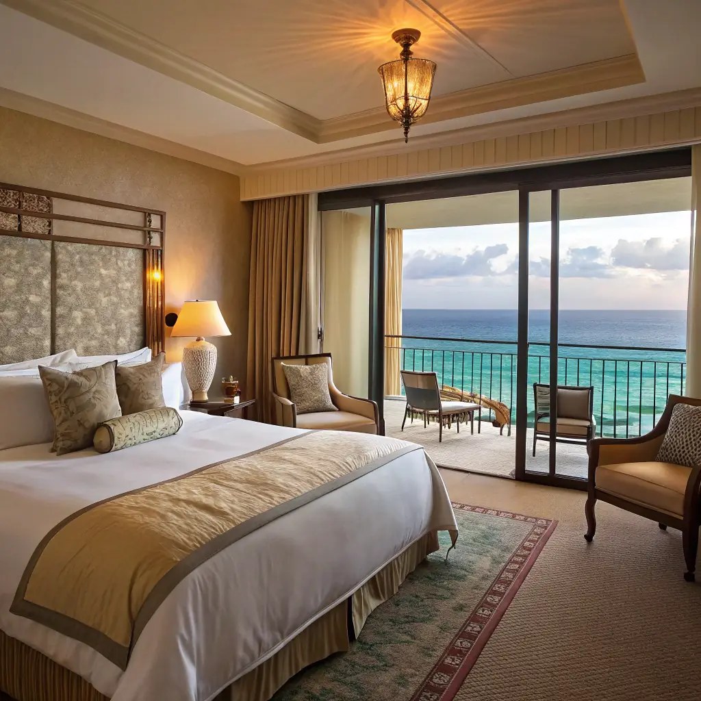 A luxurious hotel room with a balcony overlooking the ocean at Lermonteno Hotel & Villa.