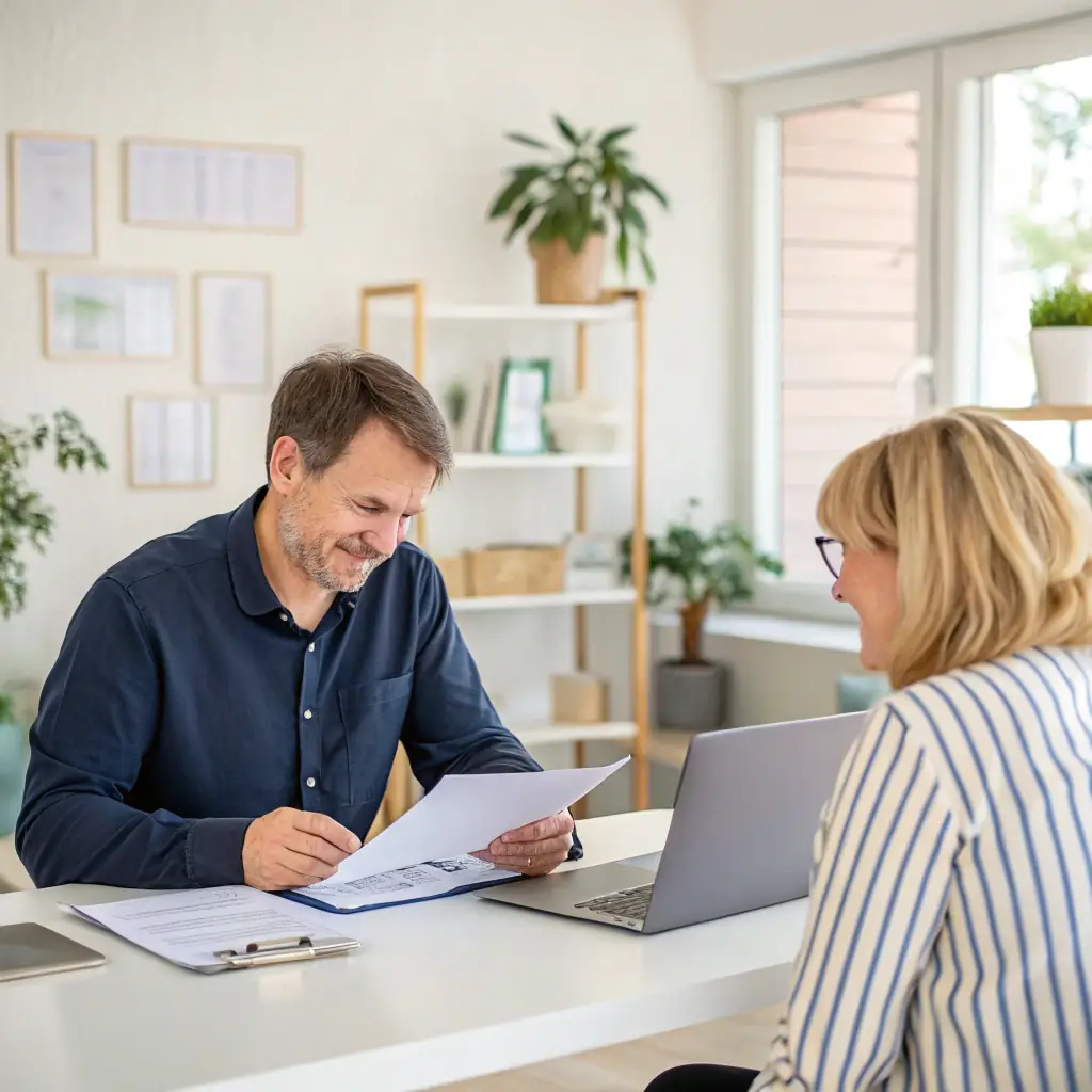 A friendly accountant reviewing financial reports with a small business owner in a modern office setting, emphasizing collaboration and proactive planning.