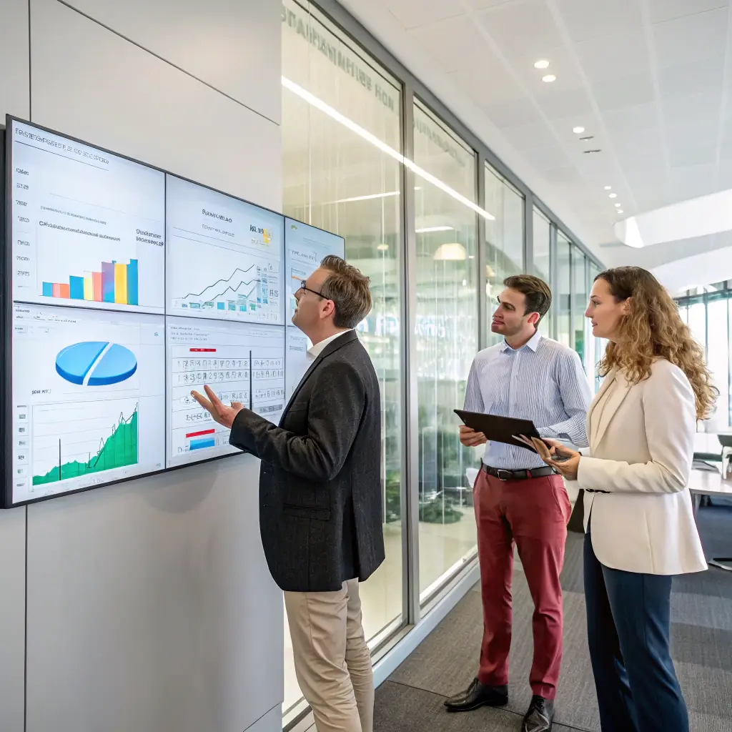 A digital agency team collaborating on a project, reviewing timelines and cost estimates on a large screen, with a focus on strategic planning and innovative solutions.