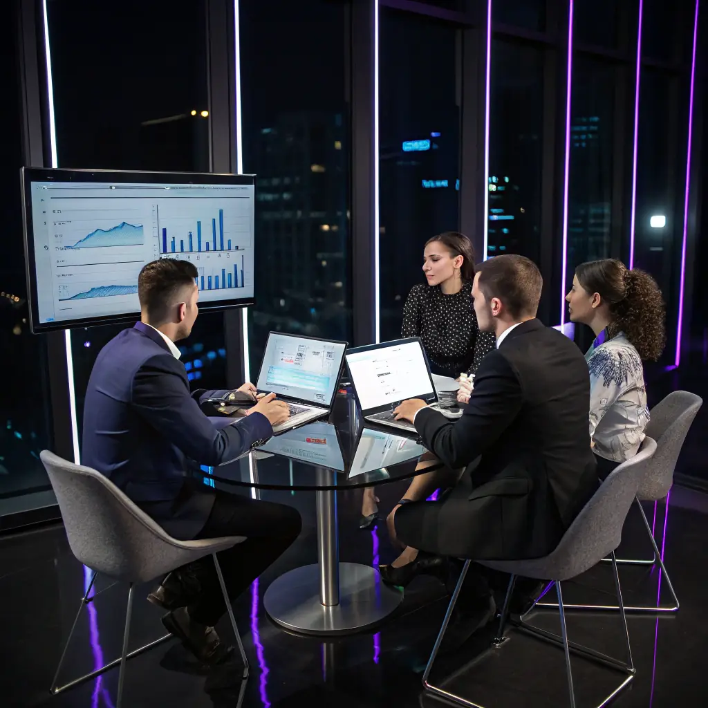 A professional corporate setting with diverse team members collaborating on a marketing strategy, brainstorming ideas, and analyzing data on a large screen. The image should convey a sense of strategic planning, customization, and data-driven decision-making, reflecting the tailor-made approach of 意態策劃有限公司 ET Promotions Ltd.