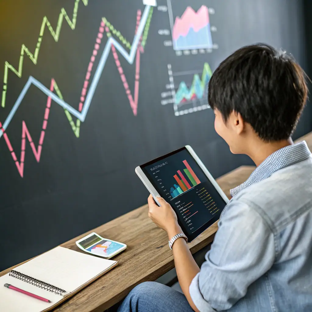A person happily reviewing investment data on a tablet, with charts and graphs displayed, in a modern office setting. The scene should convey a sense of accomplishment and financial empowerment.