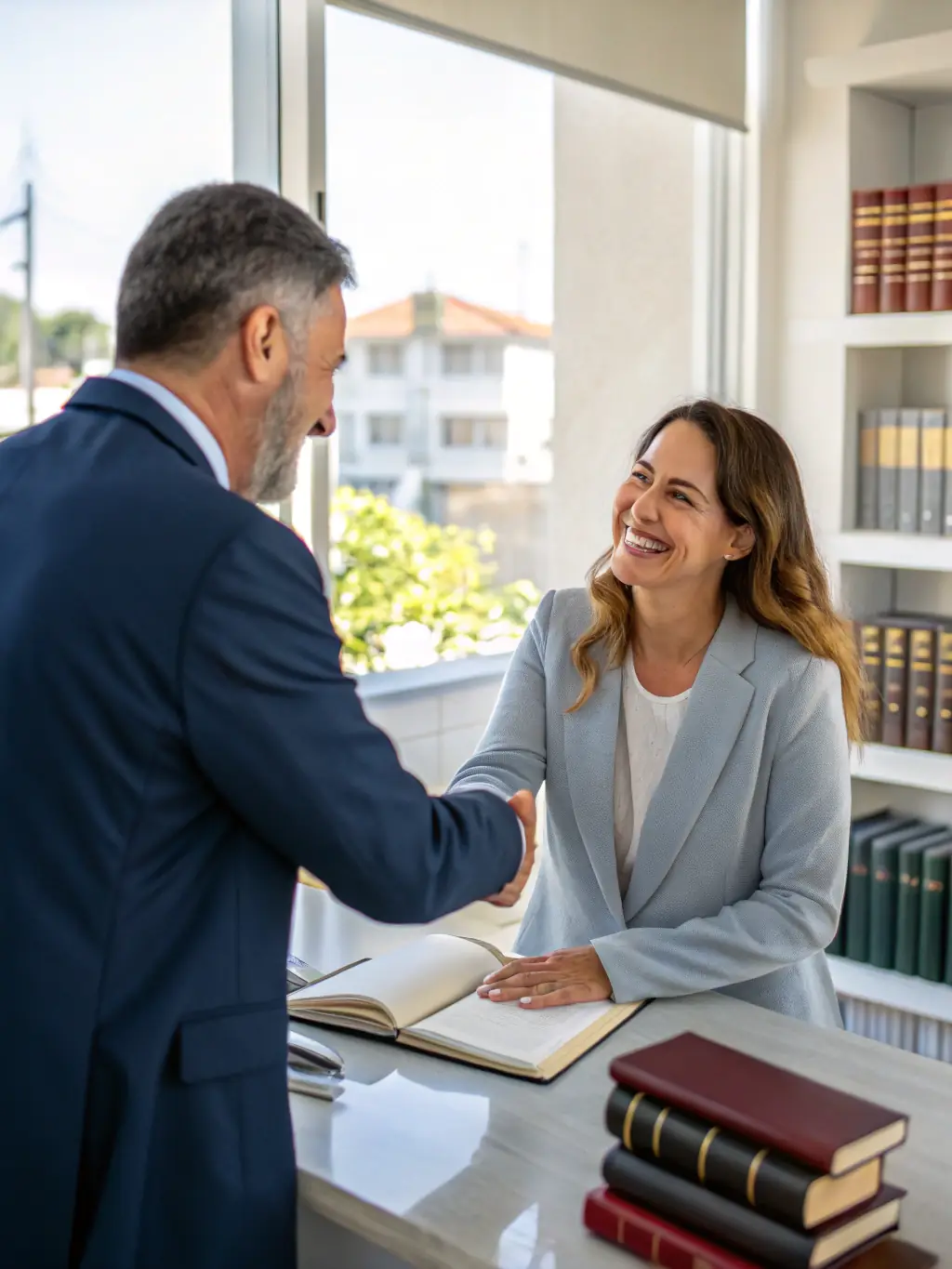 A business owner looking relieved while handing over a stack of tax documents to a Trustpoint tax professional in a bright, modern office setting.