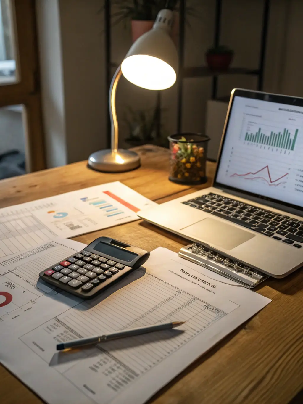 A focused shot of a well-organized desk with tax documents, a calculator, and a pen, symbolizing meticulous tax preparation for businesses.