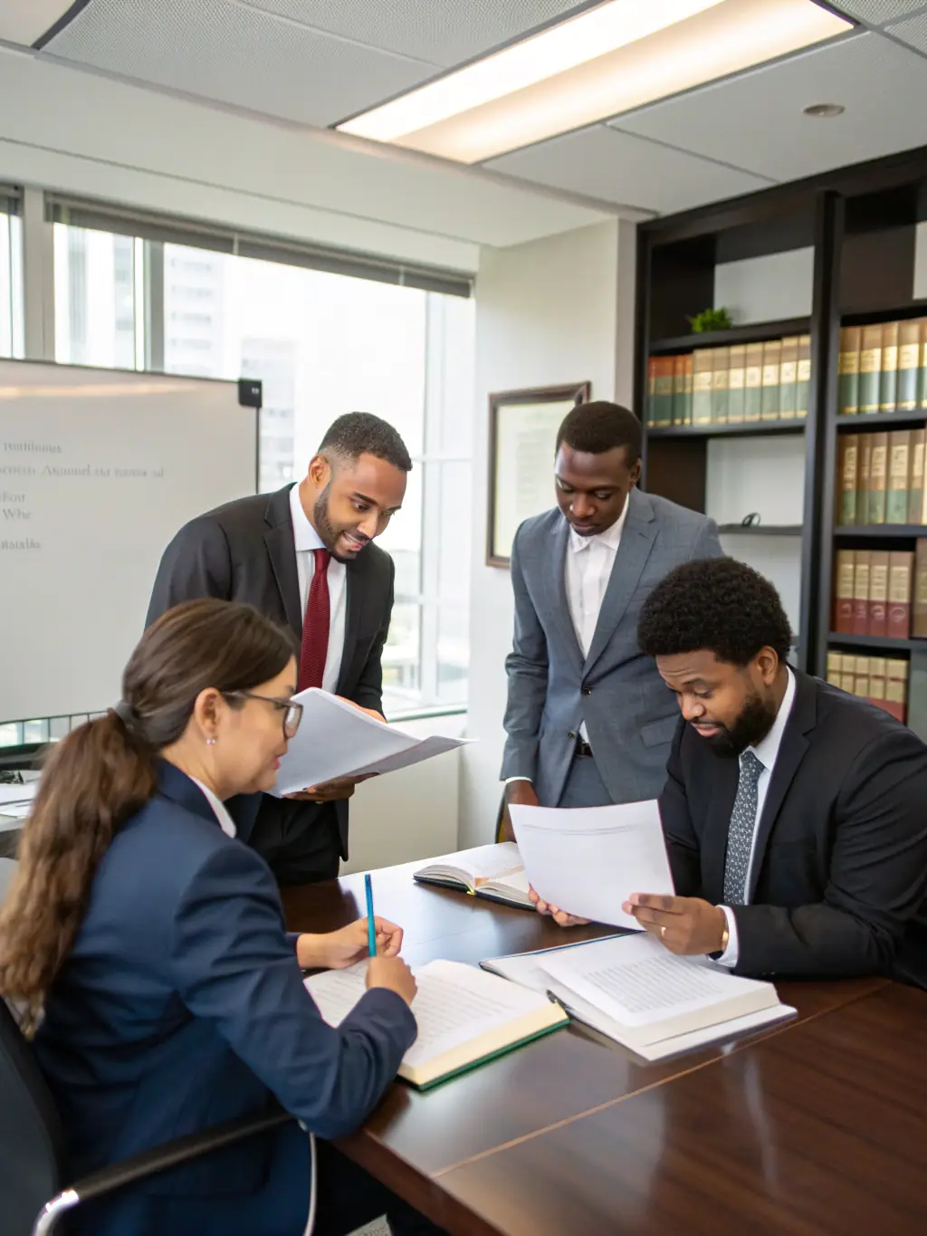 An image of a team of tax professionals collaborating in a modern office, reviewing financial documents and discussing tax strategies.