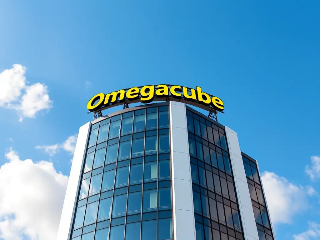 A high-rise building with a prominent 'Omegacube' sign on top, symbolizing enterprise digital marketing success and market dominance.
