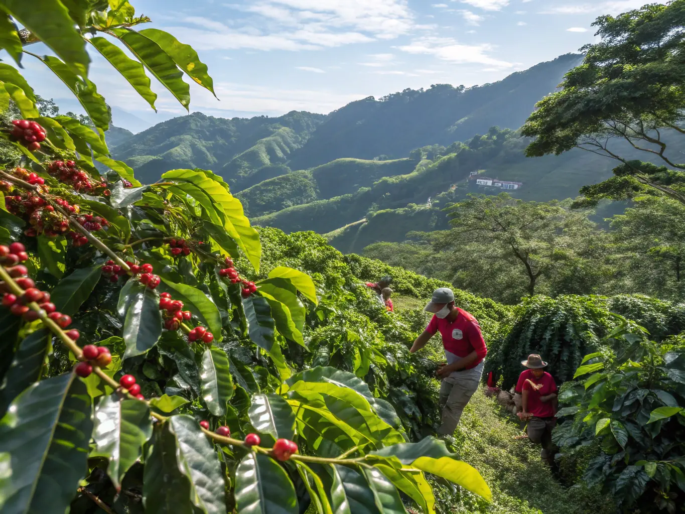 A lush Costa Rican coffee plantation with workers harvesting ripe coffee cherries, showcasing the traditional methods and the vibrant landscape.