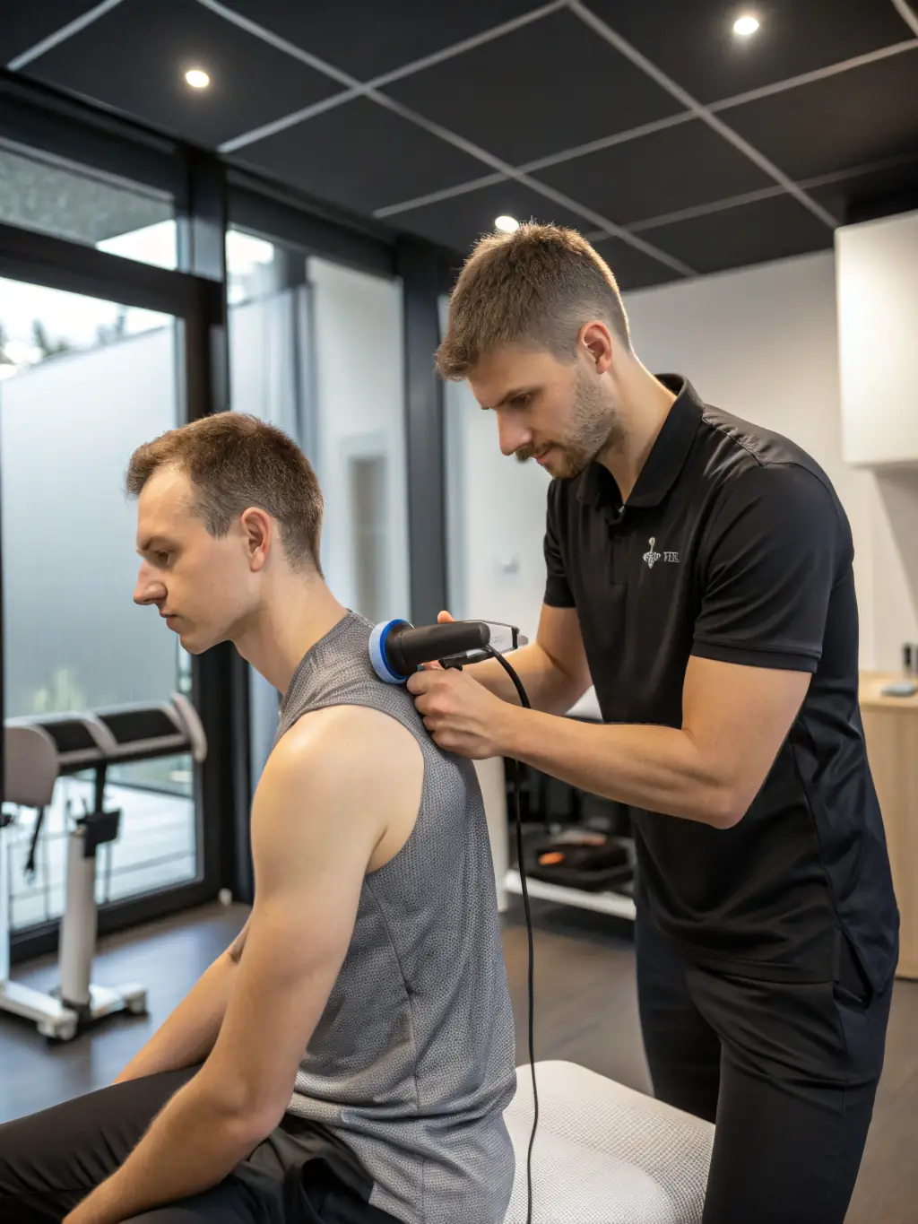 A patient performing a controlled shoulder exercise under the guidance of a physiotherapist, using MI technology to optimize muscle engagement and reduce impingement.
