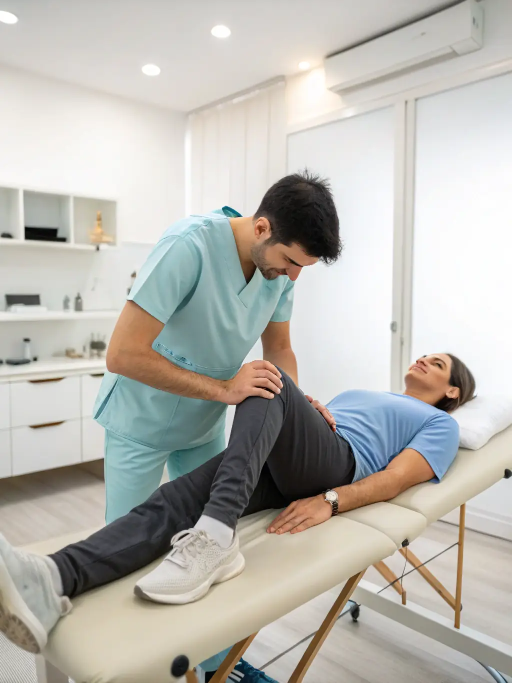 A close-up shot of a physiotherapist using Muscle Intelligence technology on a patient's knee during post-surgical rehabilitation, showcasing the precision and personalized approach.