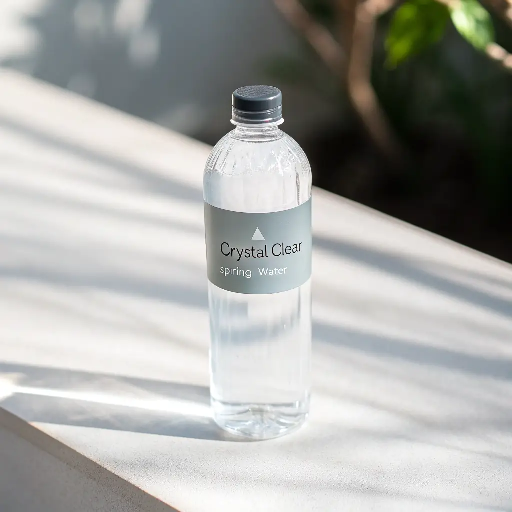 A close-up shot of a bottle of LEO PRIME TABLE WATER, with condensation on the bottle, placed against a backdrop of a modern water purification facility. The image should convey cleanliness and purity.