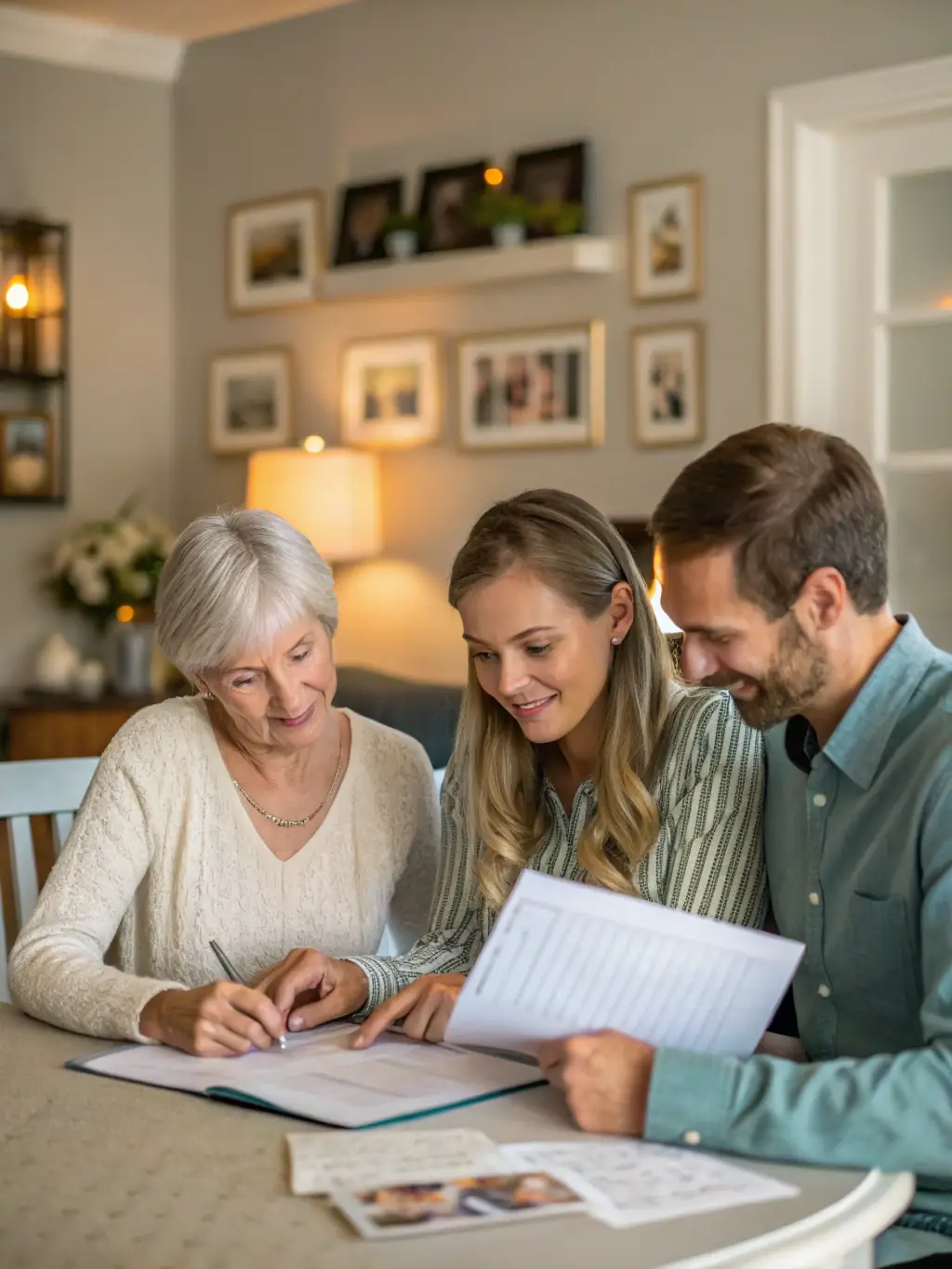 A family happily gathered around a table, reviewing financial documents, representing the cost savings associated with a living trust.