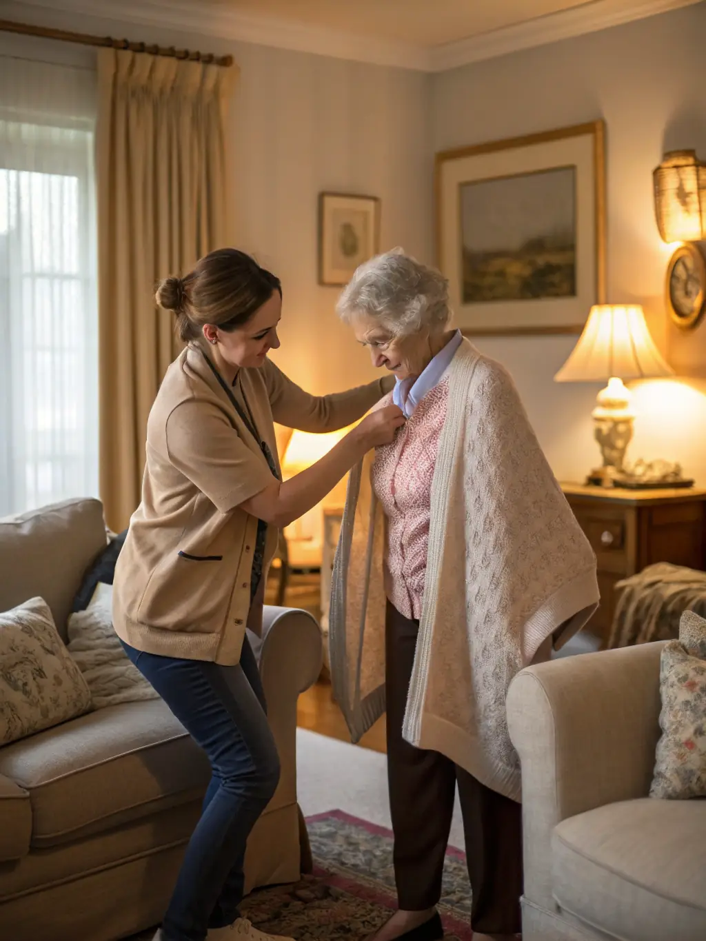 An elderly person being cared for by a family member, illustrating the planning for incapacity that a living trust provides.