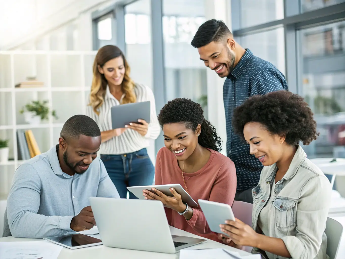 A diverse audience engaging with content on various devices, arrows pointing to a website, illustrating tailored content driving traffic and engagement