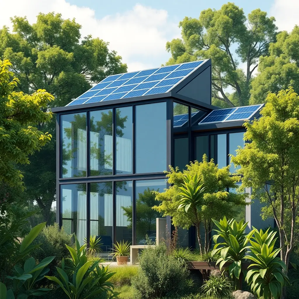 A modern, eco-friendly building exterior with solar panels and electric car charging stations, symbolizing Greensmart's commitment to sustainable and smart building solutions.