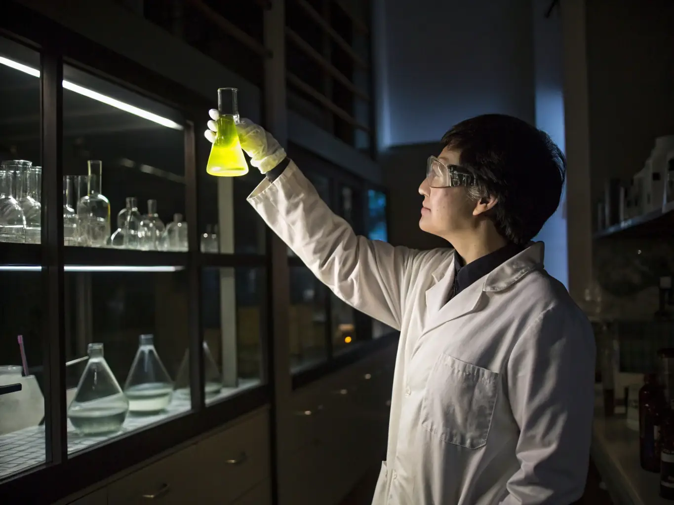 A scientist in a lab coat working with test tubes and chemical solutions.
