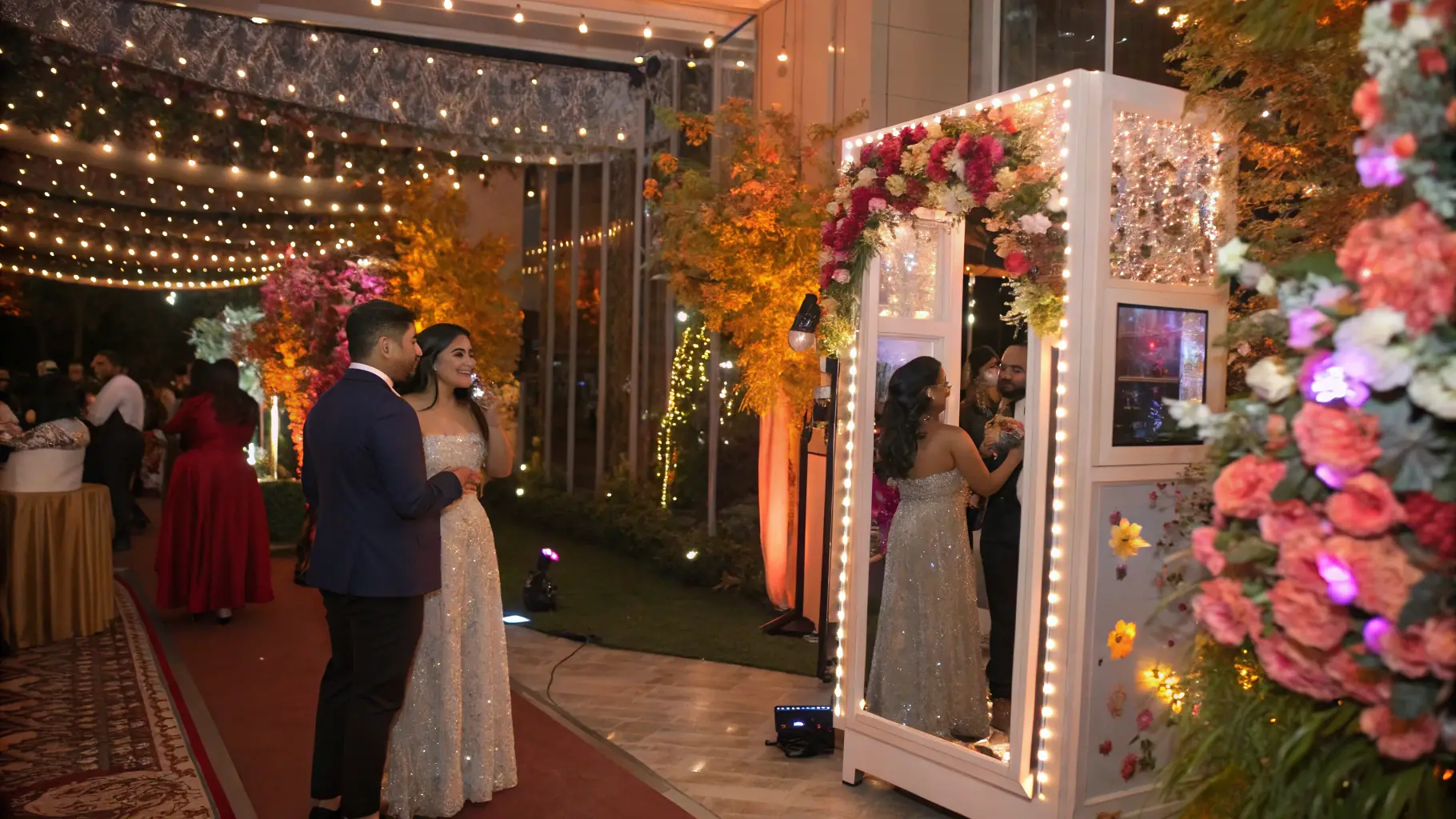A magic mirror booth at a wedding reception, reflecting the happy couple and their guests. The mirror has a decorative frame and displays interactive animations.