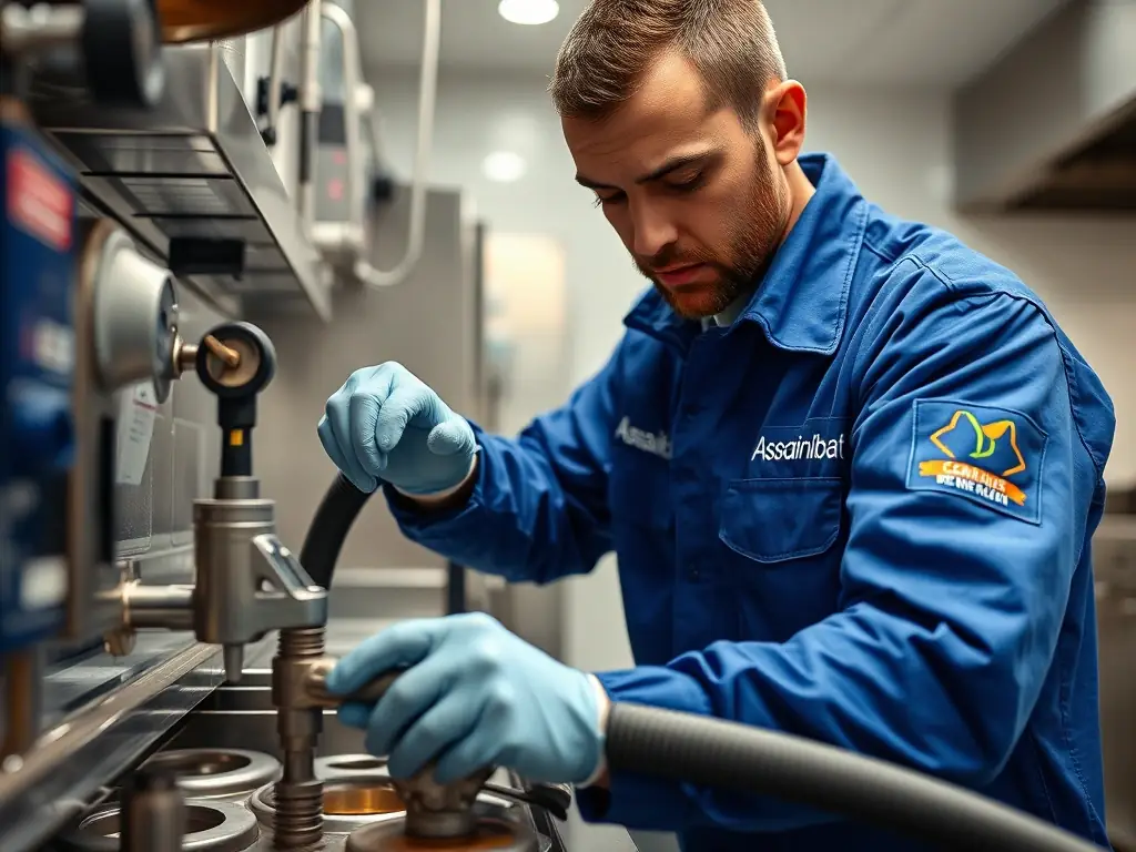 A close-up shot of a grease trap being serviced, showing the process of removing accumulated grease and debris, with a focus on the tools and equipment used for efficient cleaning.