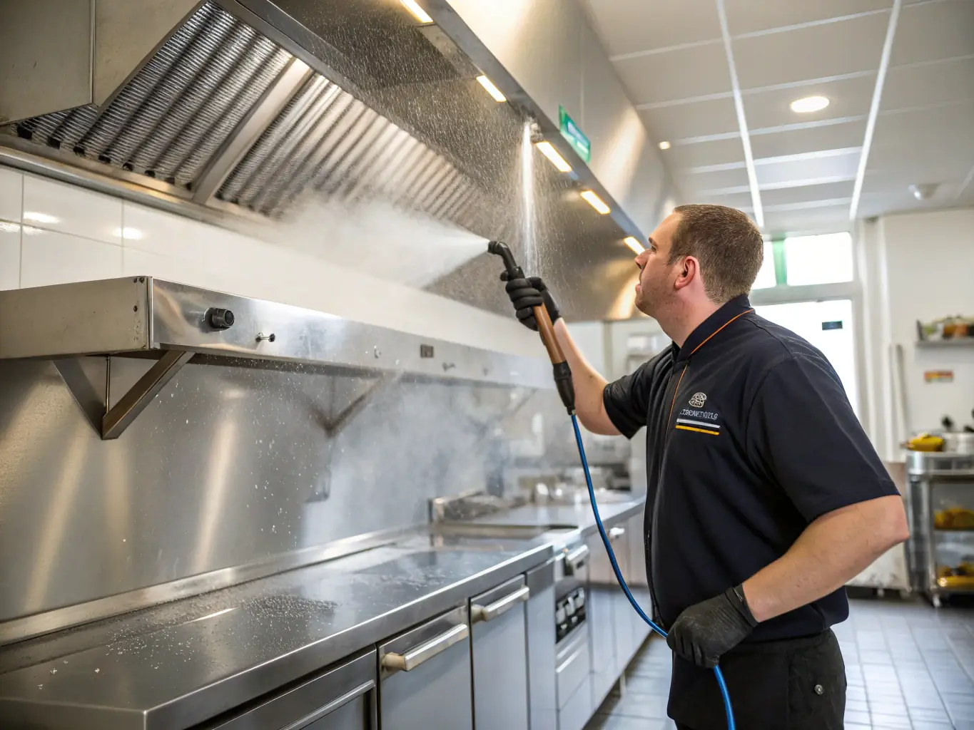A high-angle shot of a commercial kitchen exhaust hood being meticulously cleaned by a technician wearing protective gear, with visible grease and grime being removed to reveal a shiny, clean surface.