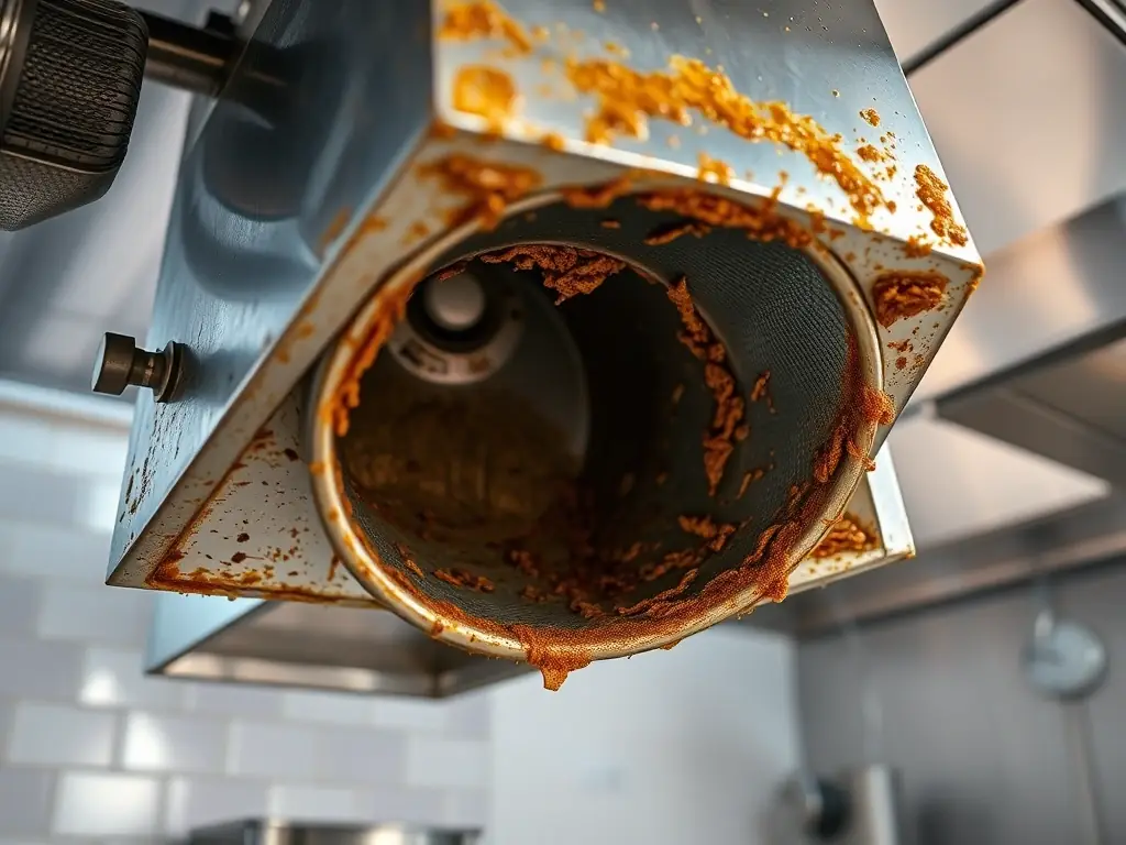 A wide shot of a commercial kitchen with a focus on the clean and well-maintained ventilation system, highlighting the absence of grease and the overall safety of the environment.