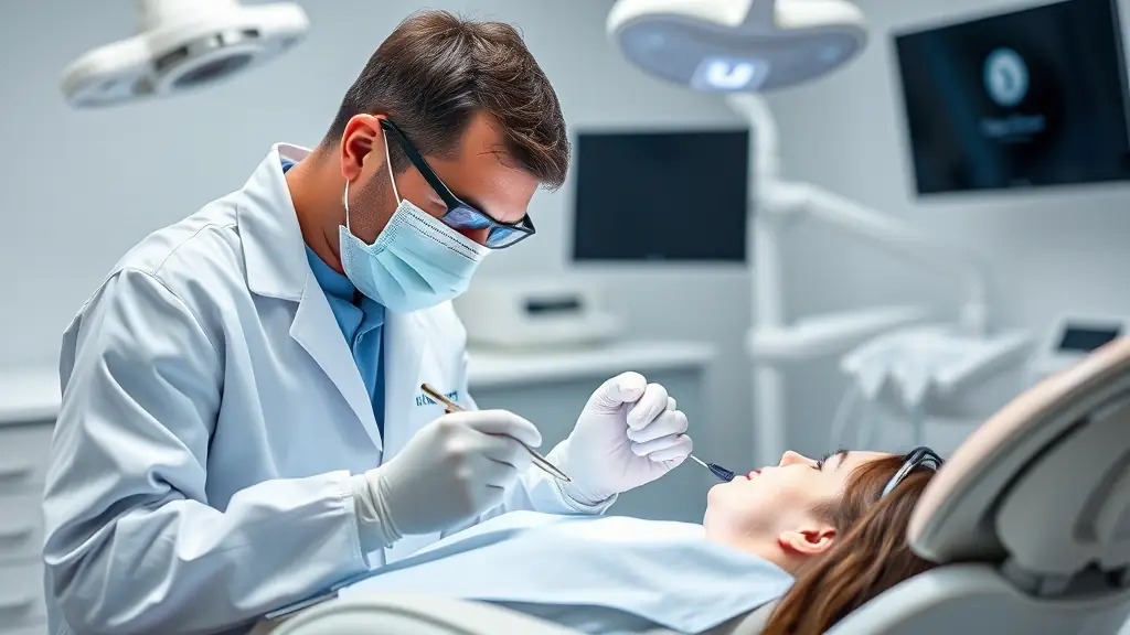 A dentist performing a root canal procedure with advanced equipment, showcasing precision and care.