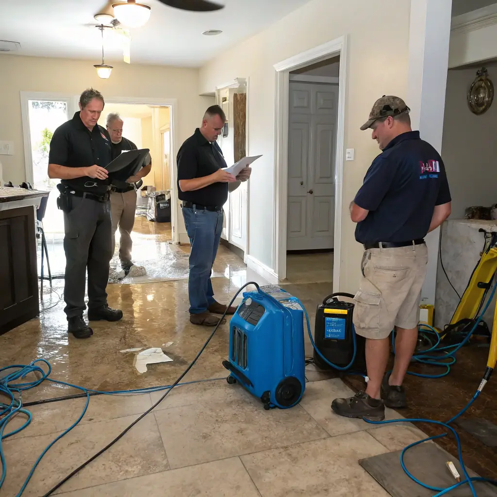 A photo depicting a water damage restoration team assessing damage in a flooded basement, showcasing their professional equipment and expertise.