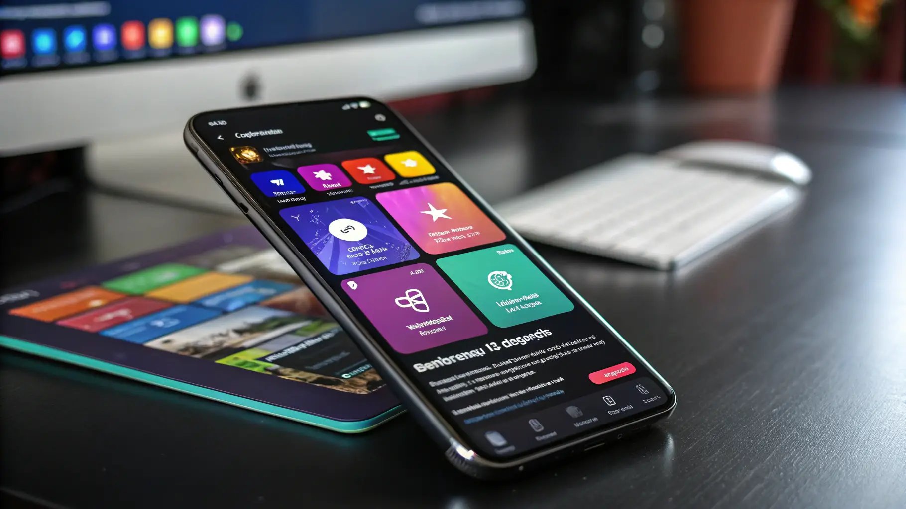 A mobile app interface is displayed on a smartphone screen, showcasing a modern and user-friendly design with vibrant colors and intuitive navigation.