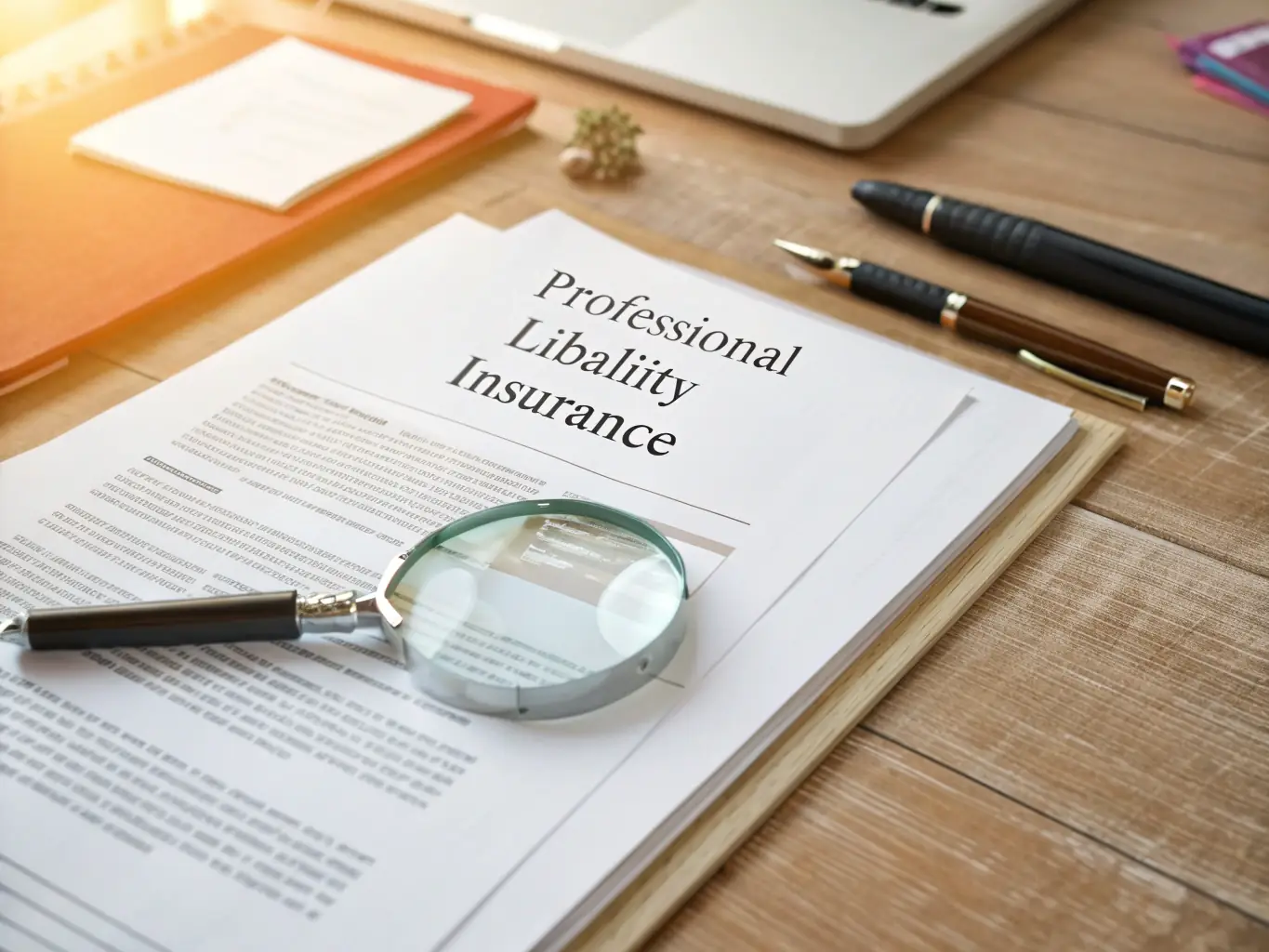 A professional liability insurance certificate displayed on a desk, with a focus on the policy coverage details.