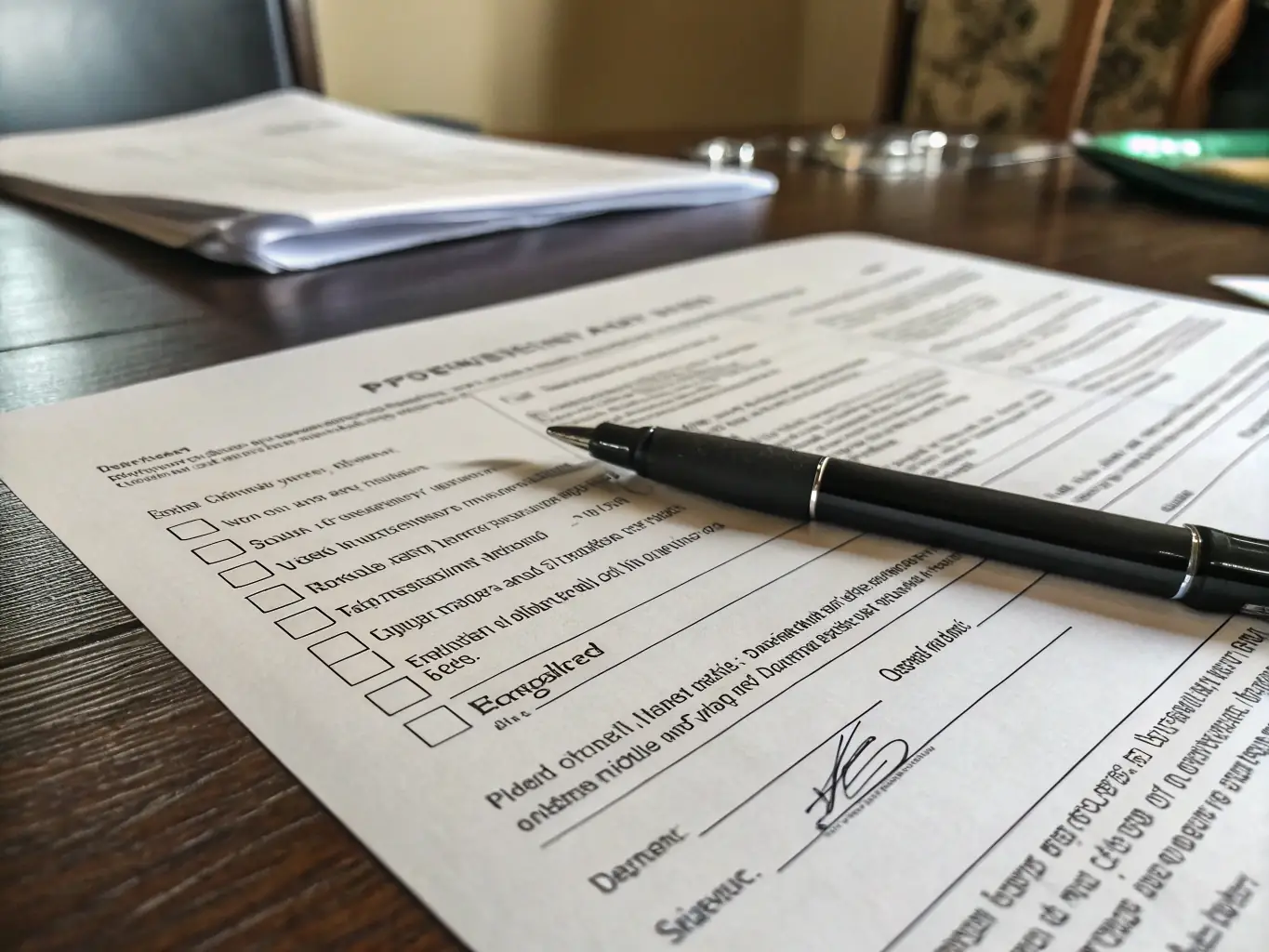 A person filling out a registration form with a pen, with a focus on the official seal of the county clerk's office in the background.