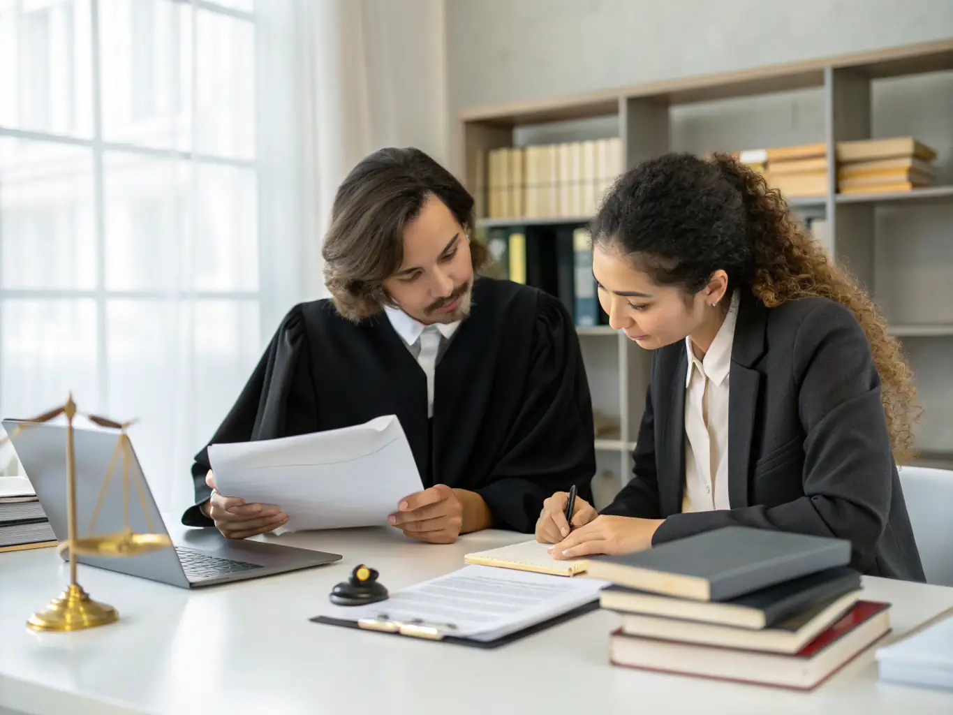 A person studying legal documents with a laptop and books, focusing on LDA requirements, in a well-lit office setting.