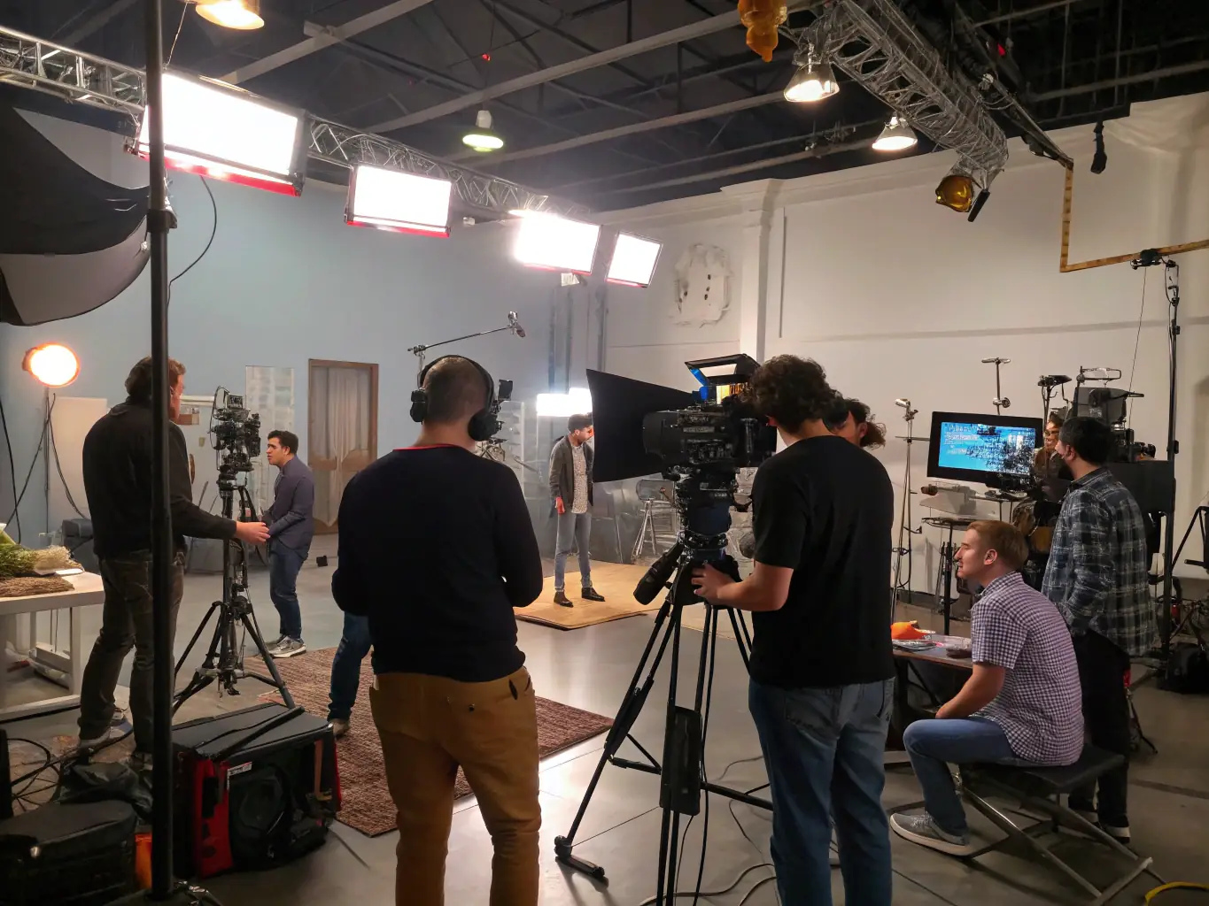 Black-and-white BTS stills of crew at work