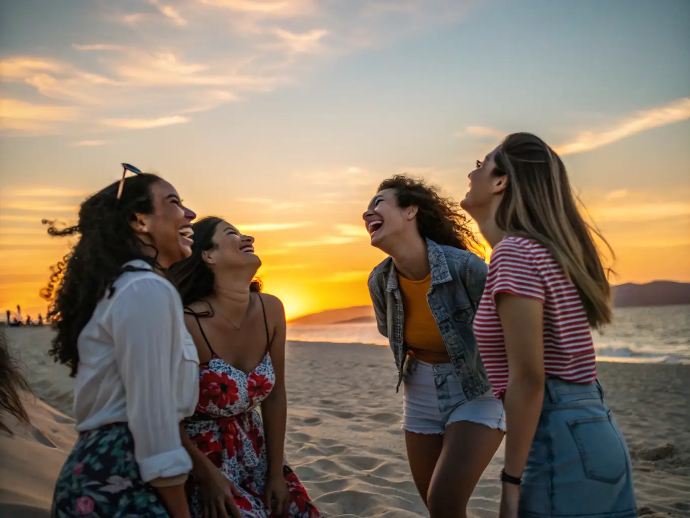 A group of diverse women holding hands and walking along a serene beach at sunset, symbolizing sisterhood and rediscovery.