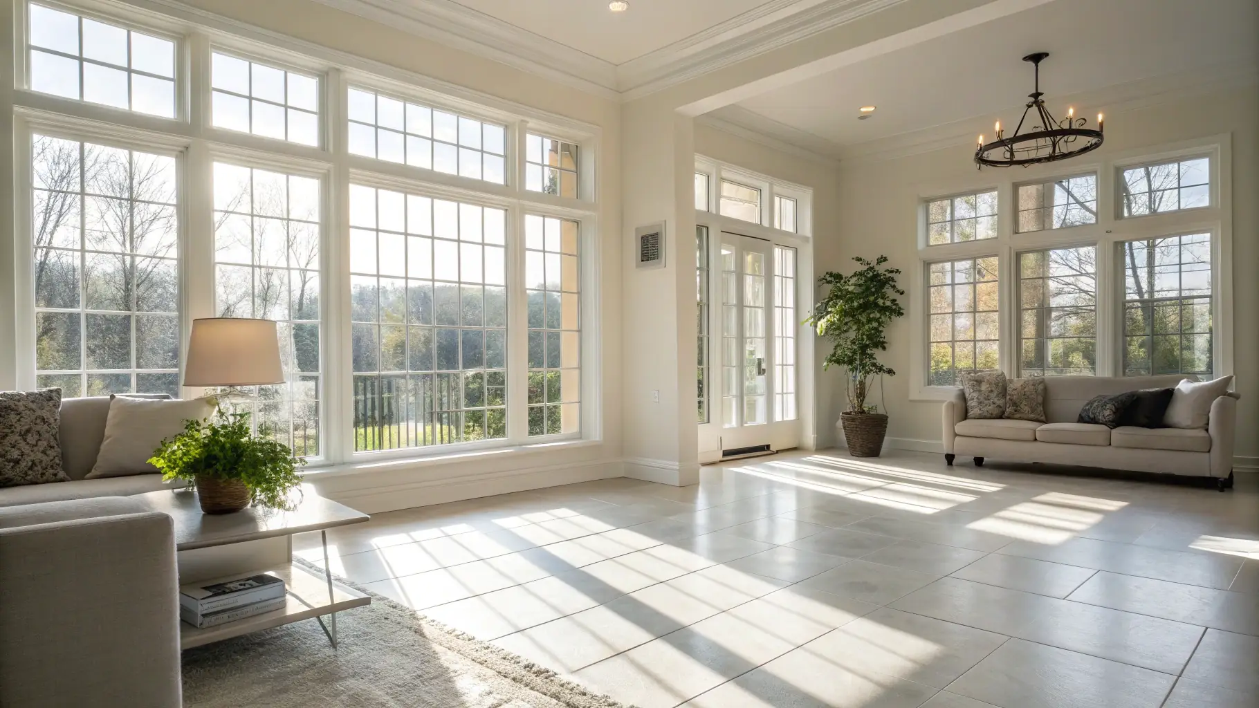 A sparkling clean newly built home interior, showcasing the results of a professional end-of-build cleaning service.