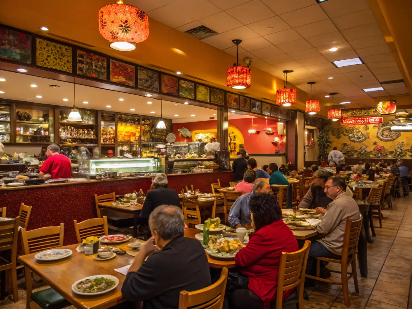 A modern restaurant interior with happy customers enjoying their meals, showcasing excellent service and a vibrant atmosphere.
