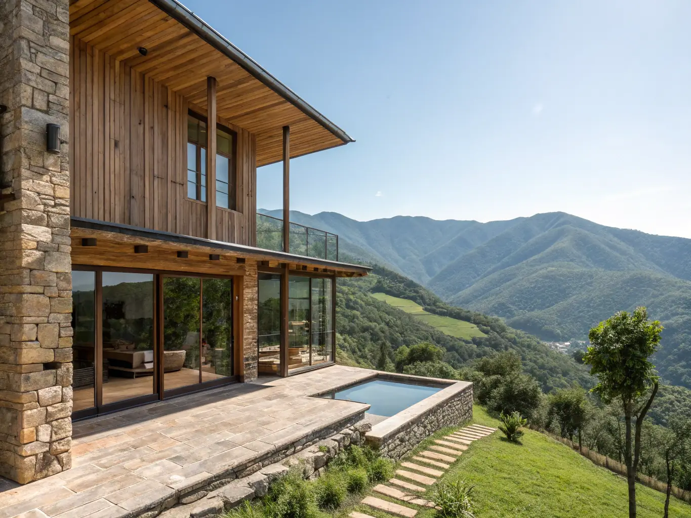 A serene image of a modern, eco-friendly villa in Oaxaca, designed with natural materials and surrounded by lush greenery, showcasing the integration of bio-architecture with the environment.