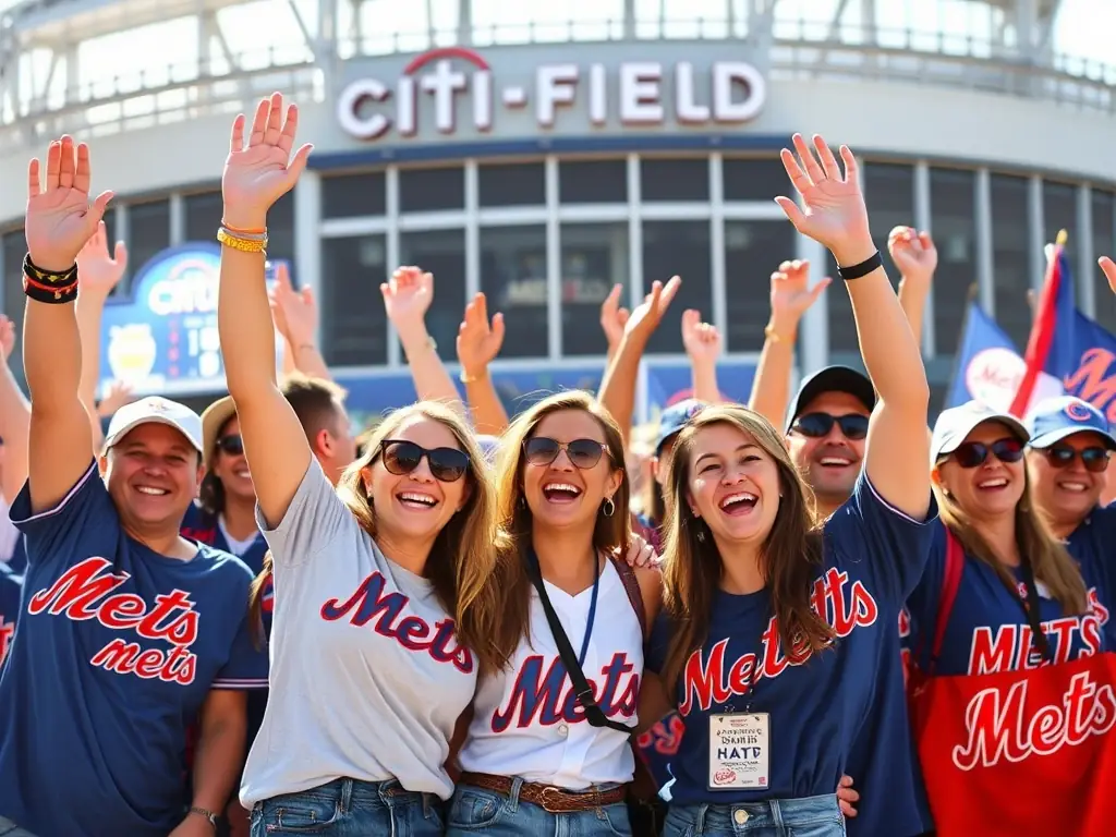 A lively group of Mets fans celebrating at Citi Field, capturing the energetic and fun atmosphere of the community.