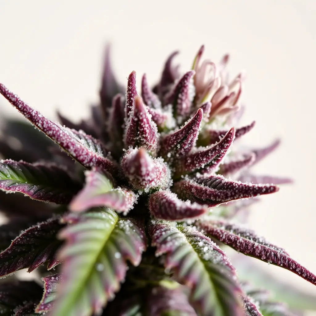 A close-up shot of Violet Sky Flower DC buds, showcasing their vibrant purple color and frosty trichomes, with a subtle Mr Green DC logo in the background.