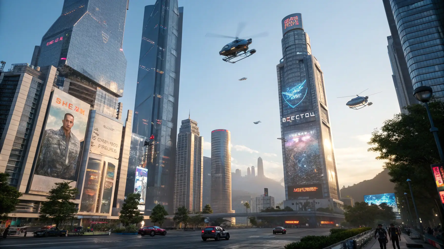 A futuristic cityscape with flying vehicles and holographic displays, representing the cutting edge of technological advancement.